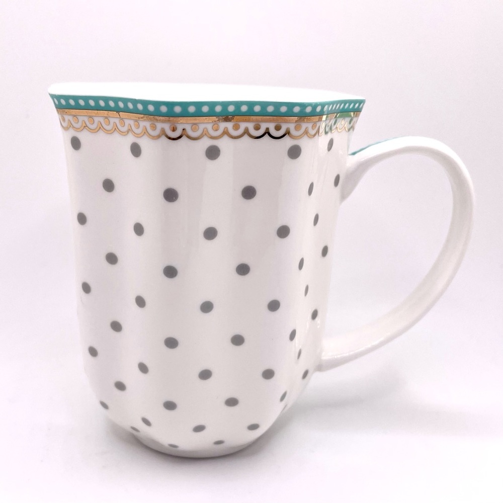 Grace’s Teaware Gray Polka Dot with Teal and Gold Trim Mug